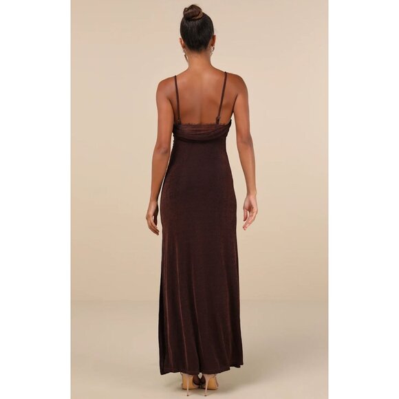 NWT Lulus Complete Catch Backless Lace Ruched Maxi Dress Brown Small - Picture 3 of 13